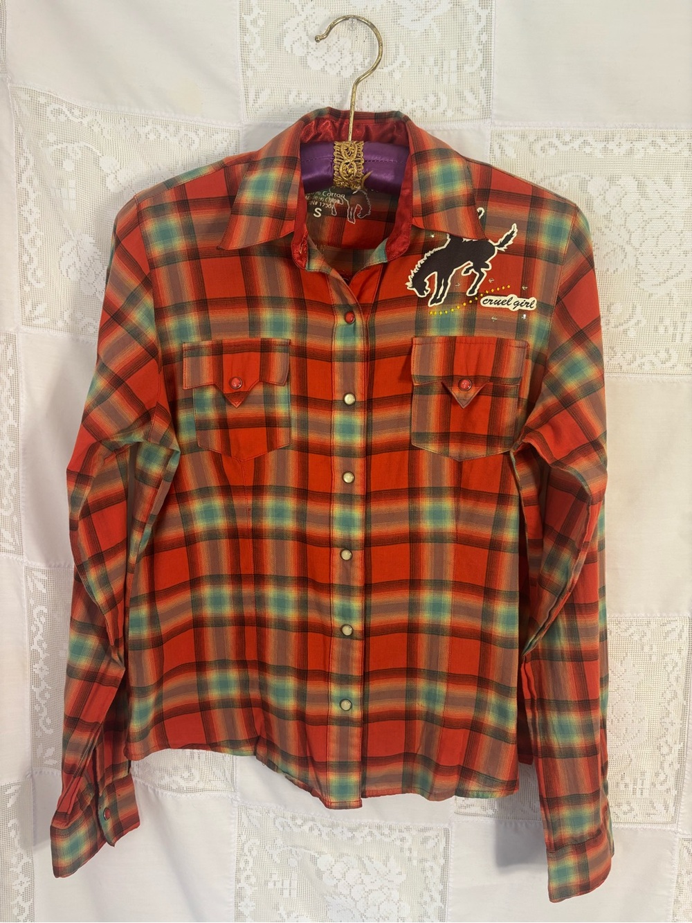 Orange Plaid Beaded Embellished Cowgirl Western Pearl Snap Button Up Size S - Picture 12 of 14